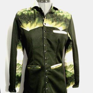 Western Snap up Shirt Jacket XS Olive green Trees moss woods design Overcoat